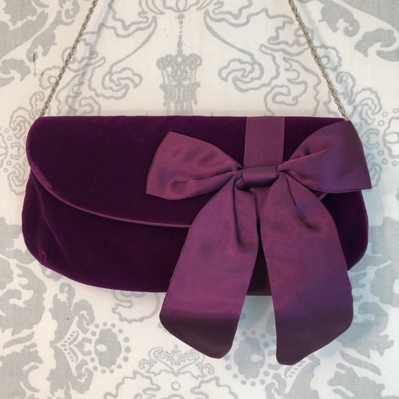 Faux Velvet Purple Clutch with Bow & Chain - Picture 2 of 8